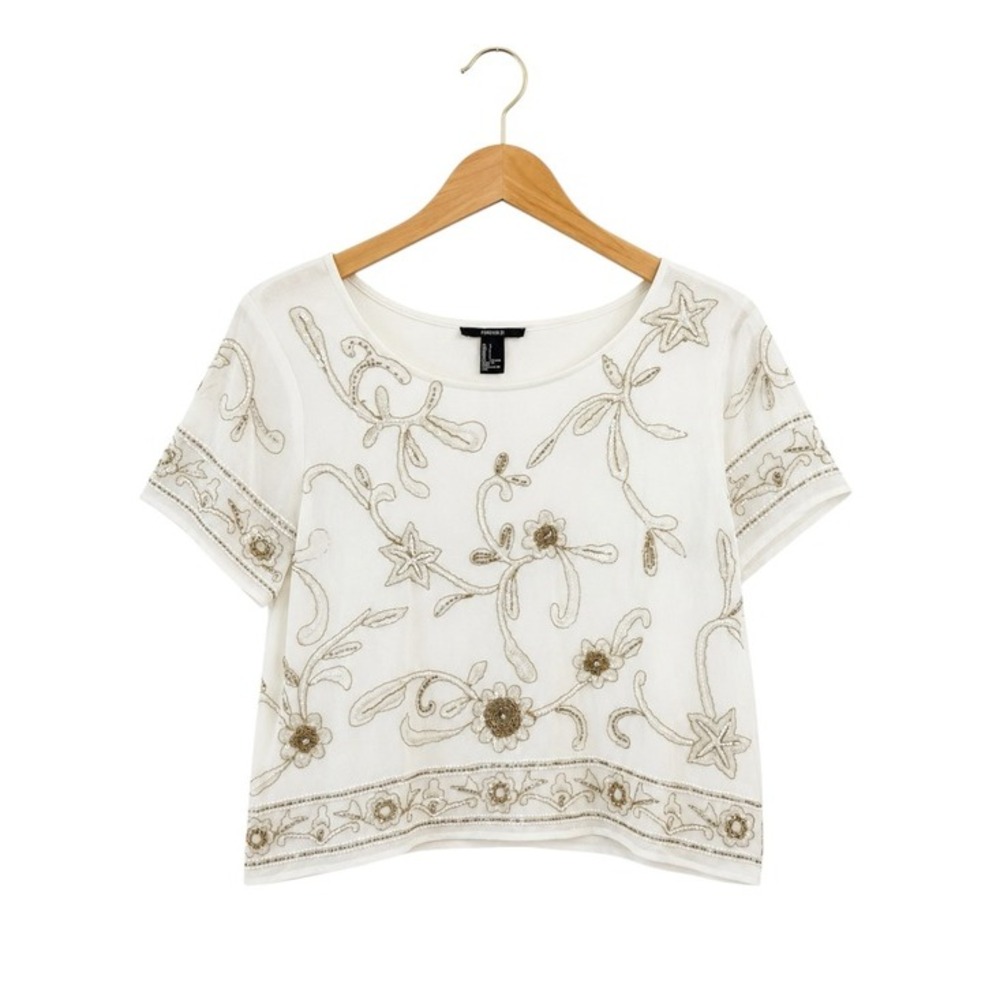Beaded Sequin Embellished Cropped Top Ivory Floral Boho Large Statement Event - Picture 1 of 13